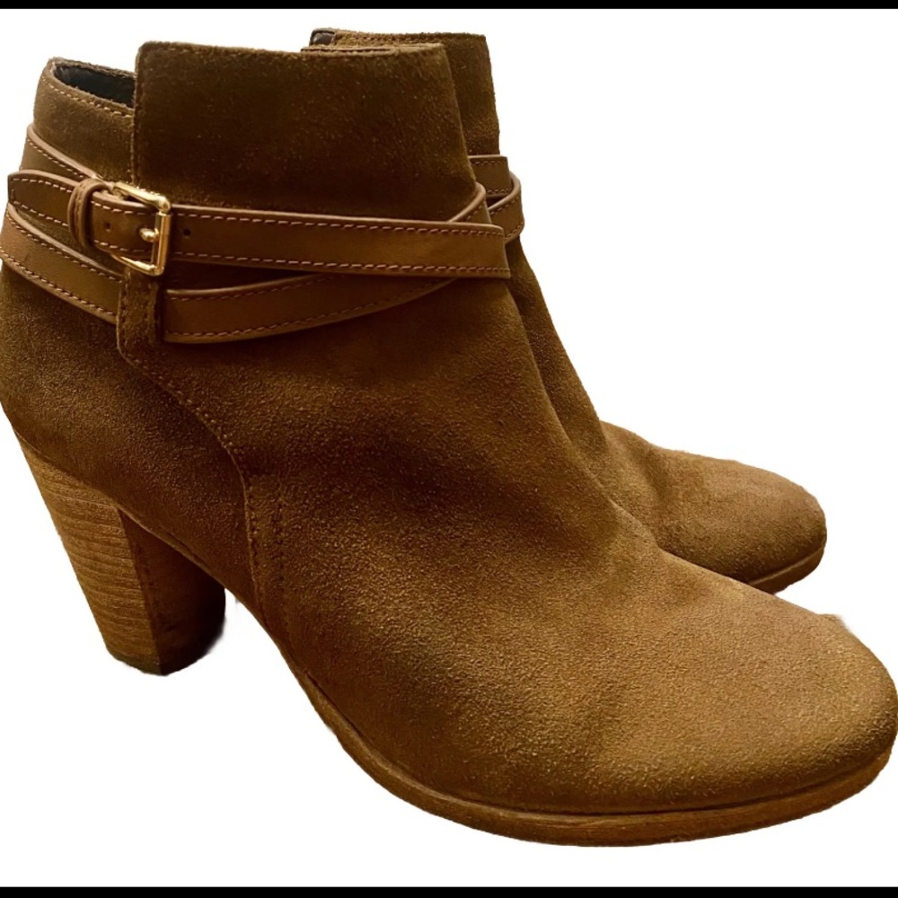 Women’s Cole Haan Designer Belt Booties Tan Suede Ankle Boots Shoes Size 6.5
